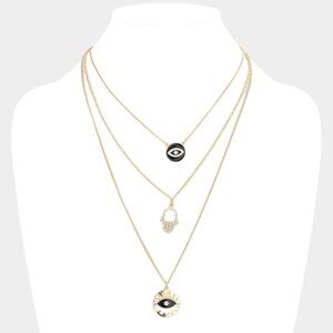 Enamel Rhinestone Embellished Evil Eye Hamsa Hand Pendant Triple Layered Necklac